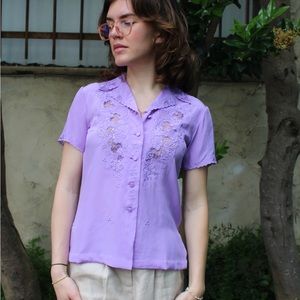 Vintage Hand Embroidered Western Collar short sleeve silk blouse - purple